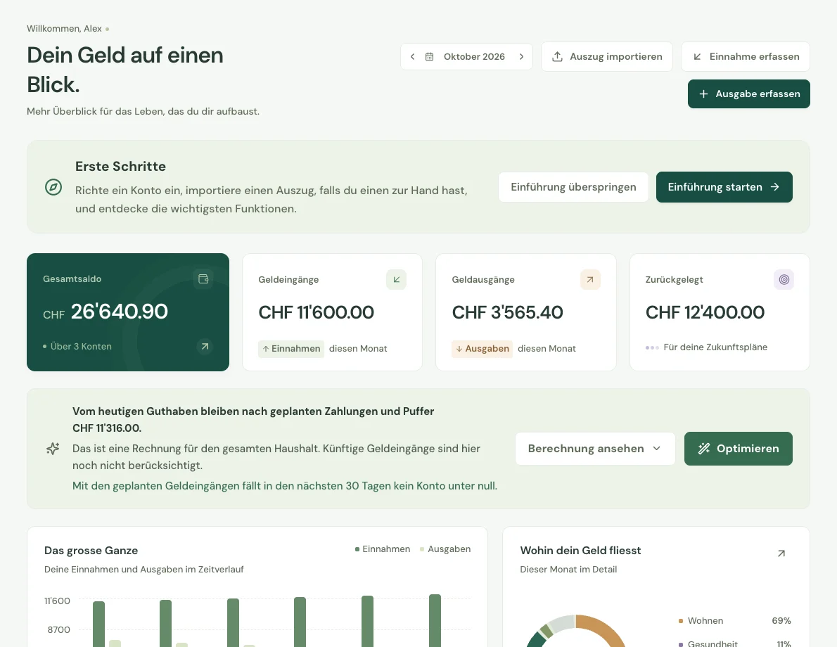 Ausgaben-Haushaltsübersicht im hellen Modus mit fiktiven Beispielsalden und Ausgabendiagrammen