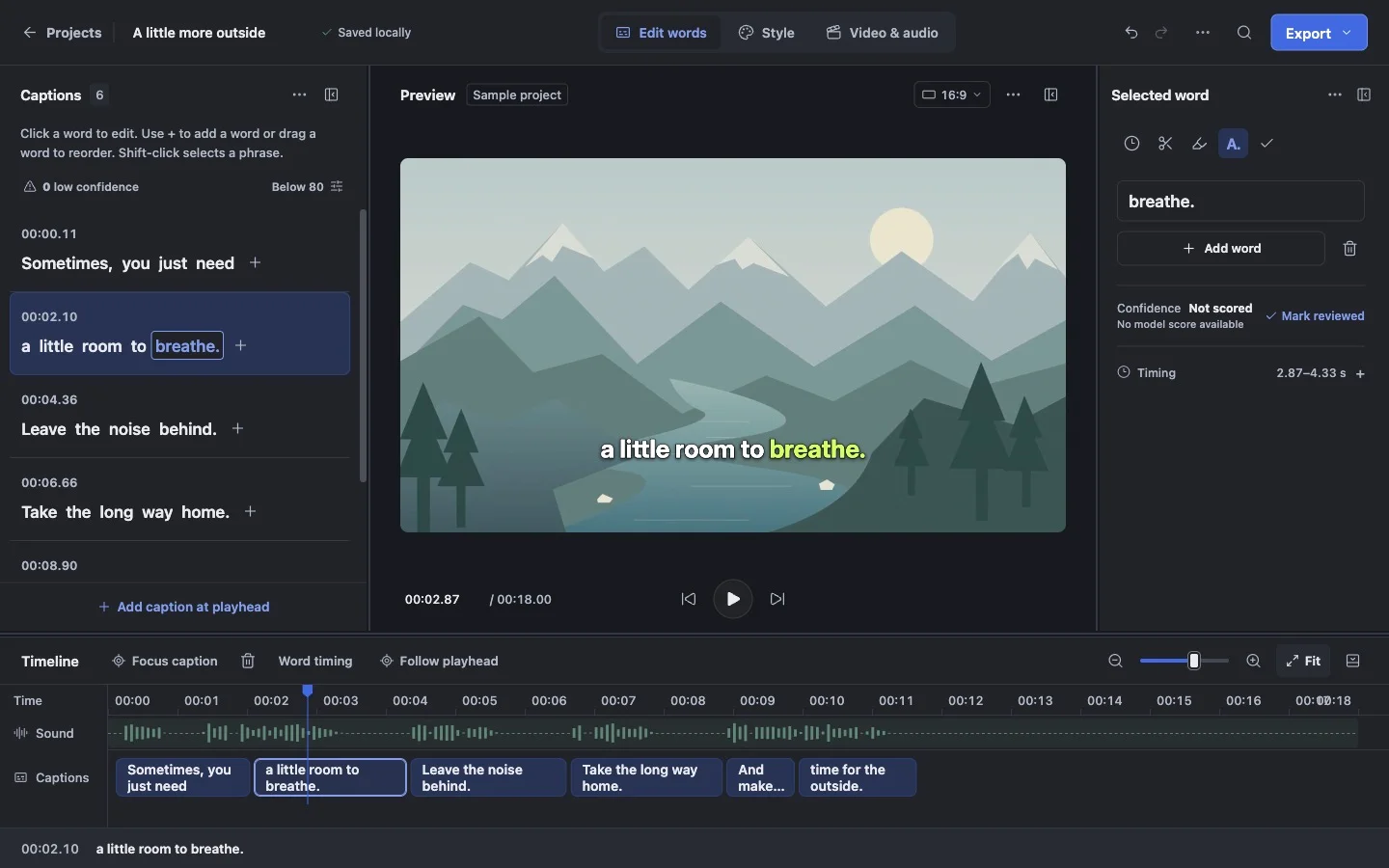 Captionerman desktop editor showing a sample video, transcript and word timing timeline