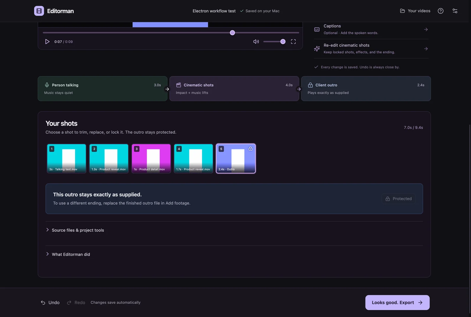 Editorman desktop editor showing a synthetic sample edit and a protected outro