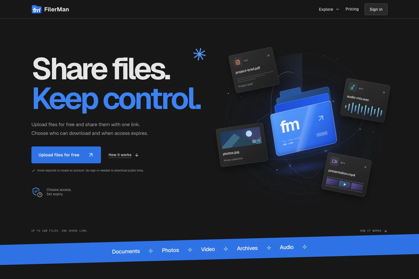 FilerMan file-sharing homepage with upload and access controls